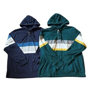 Lot of 2 American Eagle Rugby Stripe Hoodie Pullovers All Cotton Green/Navy XXL